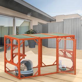 Wooden Cat House;  Outdoor Cat Cage with Water-proof Asphalt Planks and Cat Perches;  Orange