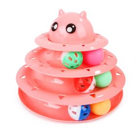 Cat Toy Three Tier Rotary Tower Track with Sound Bell Ball Interactive Pet Toy (Color: pink)