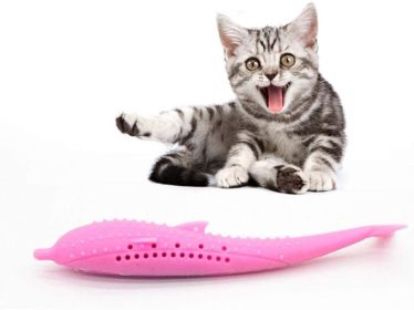 Cat Toothbrush Fish Shape with Catnip Pet Eco-Friendly Silicone Molar Stick Teeth Cleaning Toy for Cats (Color: pink)