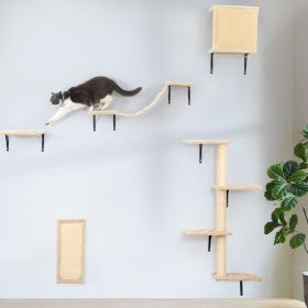 5 Pcs Wall Mounted Cat Climber Set;  Floating Cat Shelves and Perches;  Cat Activity Tree with Scratching Posts;  Modern Cat Furniture (Color: Beige)